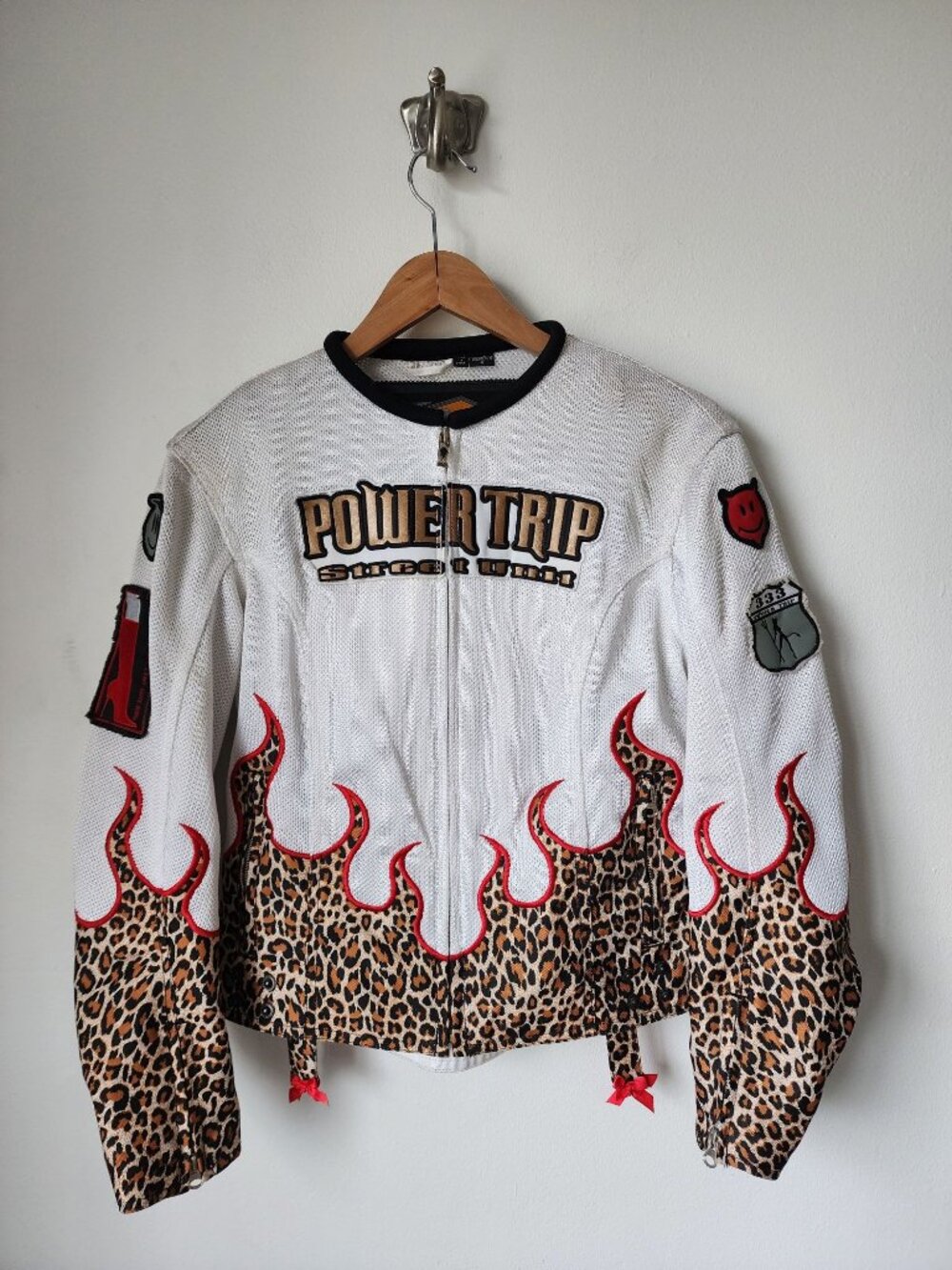 Power Trip Street Unit 333 white leopard flames motorcycle jacket S